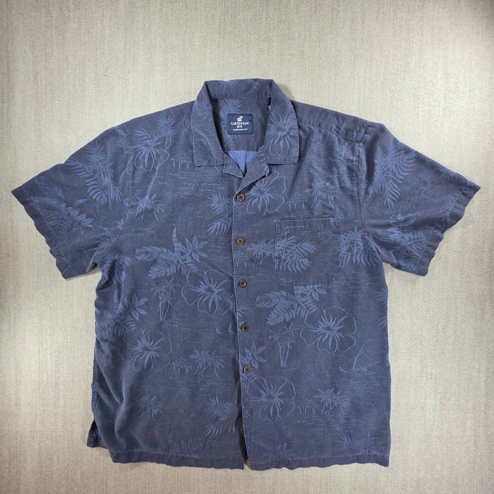 Caribbean Joe Shirt Men XL Blue 100% Silk Tropical Floral Short Sleeve Button Up
